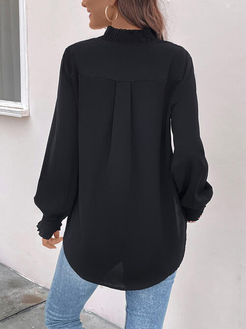 Smocked Notched Long Sleeve Blouse - Ladyez
