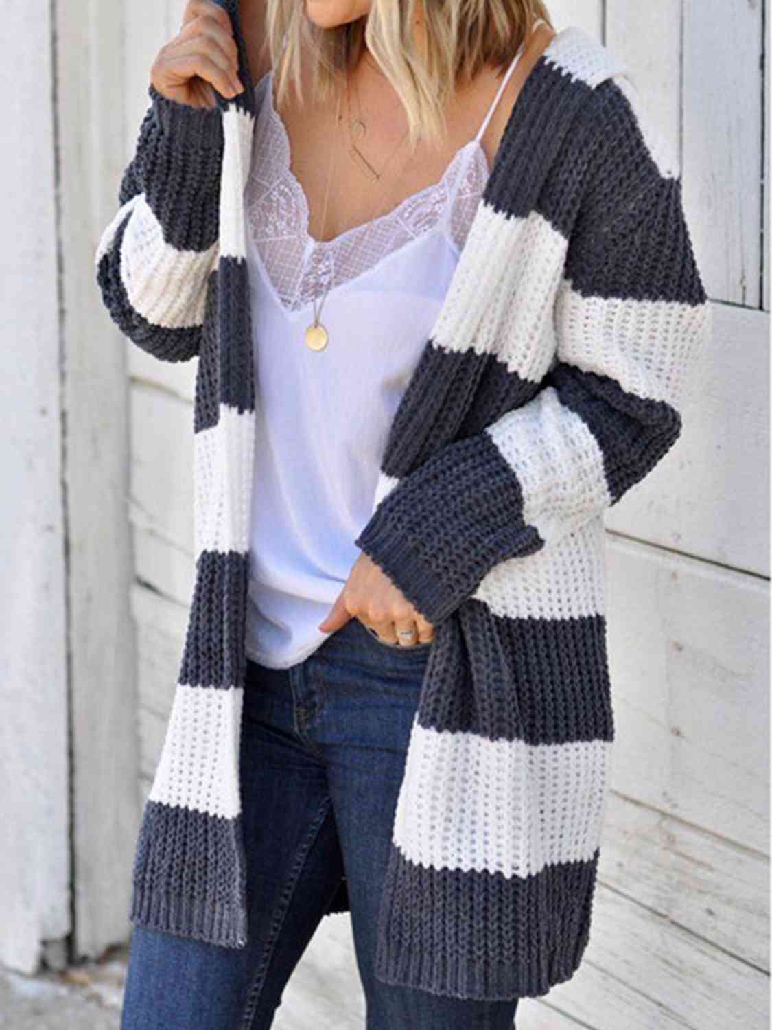 Striped Open Front Hooded Cardigan - Ladyez