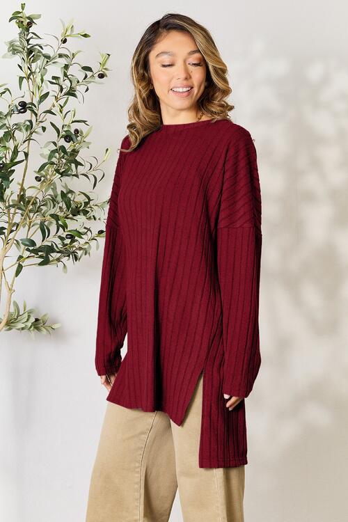 Basic Bae Full Size Ribbed Round Neck Long Sleeve Slit Top - Ladyez