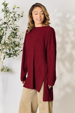 Basic Bae Full Size Ribbed Round Neck Long Sleeve Slit Top - Ladyez