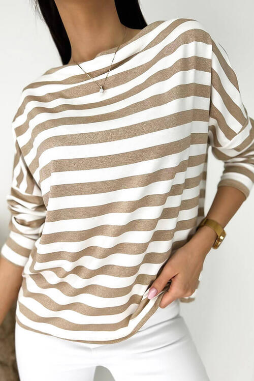 Striped Round Neck Long Sleeve Blouse - Ladyez