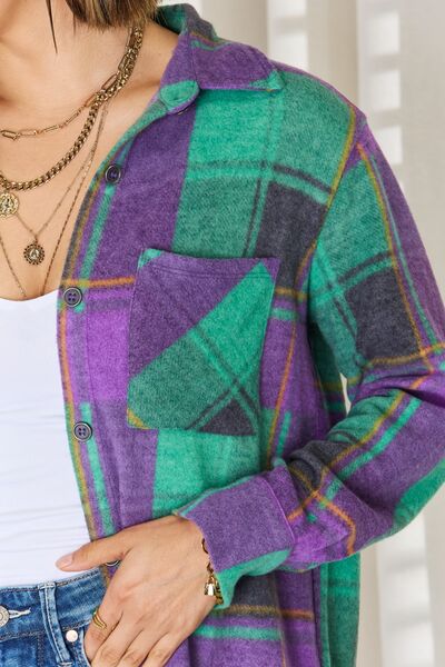 Zenana Plaid Button Up Long Sleeve Shacket - Ladyez