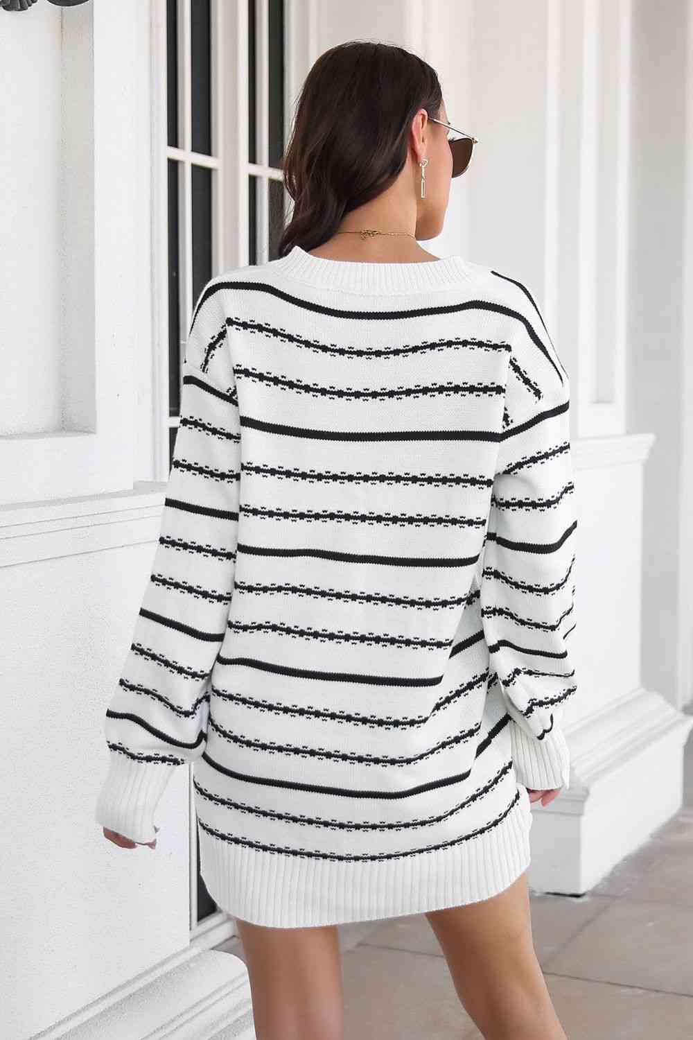 Striped V-Neck Sweater Dress - Ladyez
