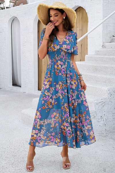 Smocked Floral V-Neck Short Sleeve Dress - Ladyez