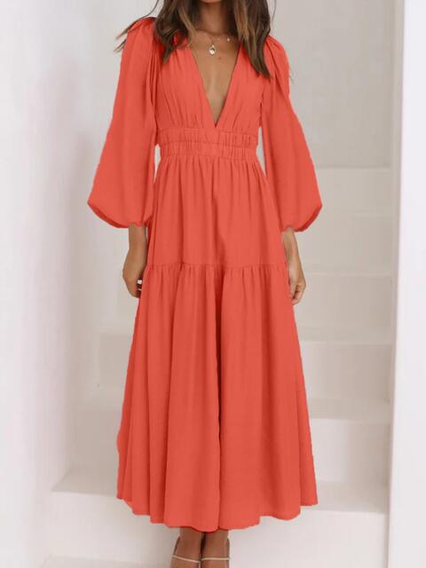 Deep V-Neck Balloon Sleeve Plain Maxi Dress - Ladyez