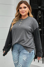 Plus Size Round Neck Long Sleeve Buttoned Blouse - Ladyez