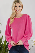 Celeste Full Size Striped Round Neck Lantern Sleeve Top - Ladyez