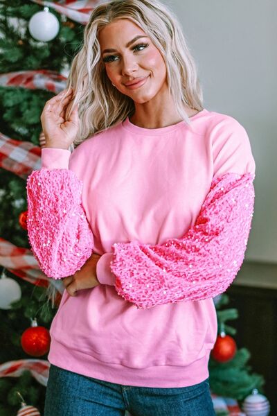 Sequin Round Neck Dropped Shoulder Sweatshirt - Ladyez