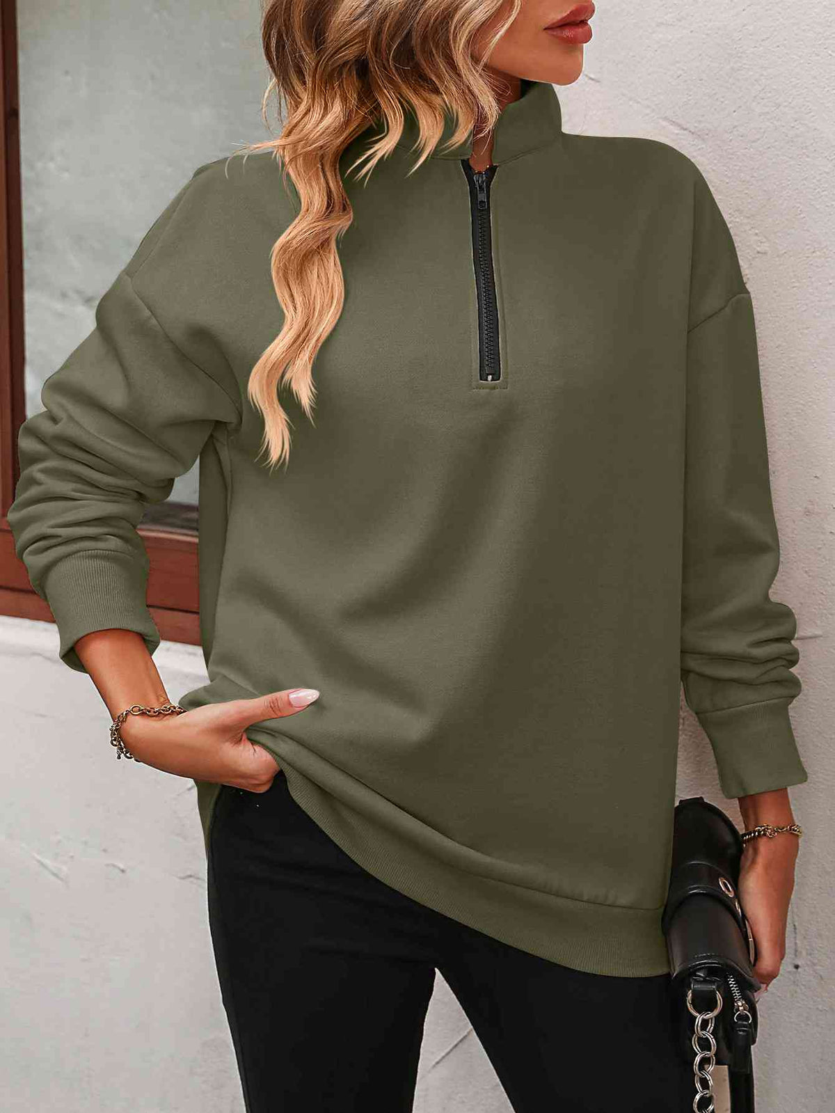 Zip-Up Dropped Shoulder Sweatshirt - Ladyez