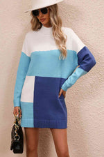 Color Block Mock Neck Dropped Shoulder Sweater Dress - Ladyez