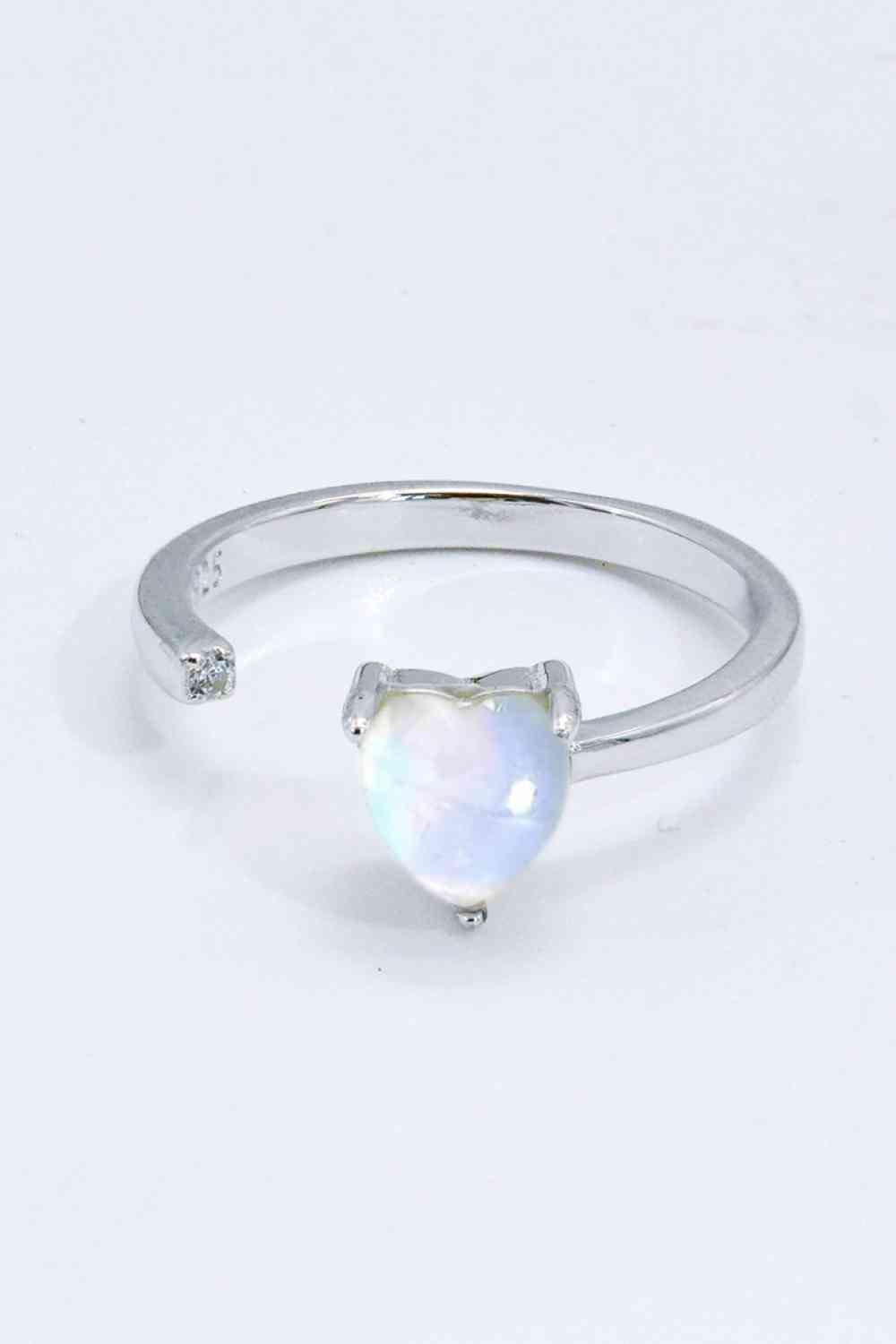 Inlaid Moonstone Heart Adjustable Open Ring - Ladyez