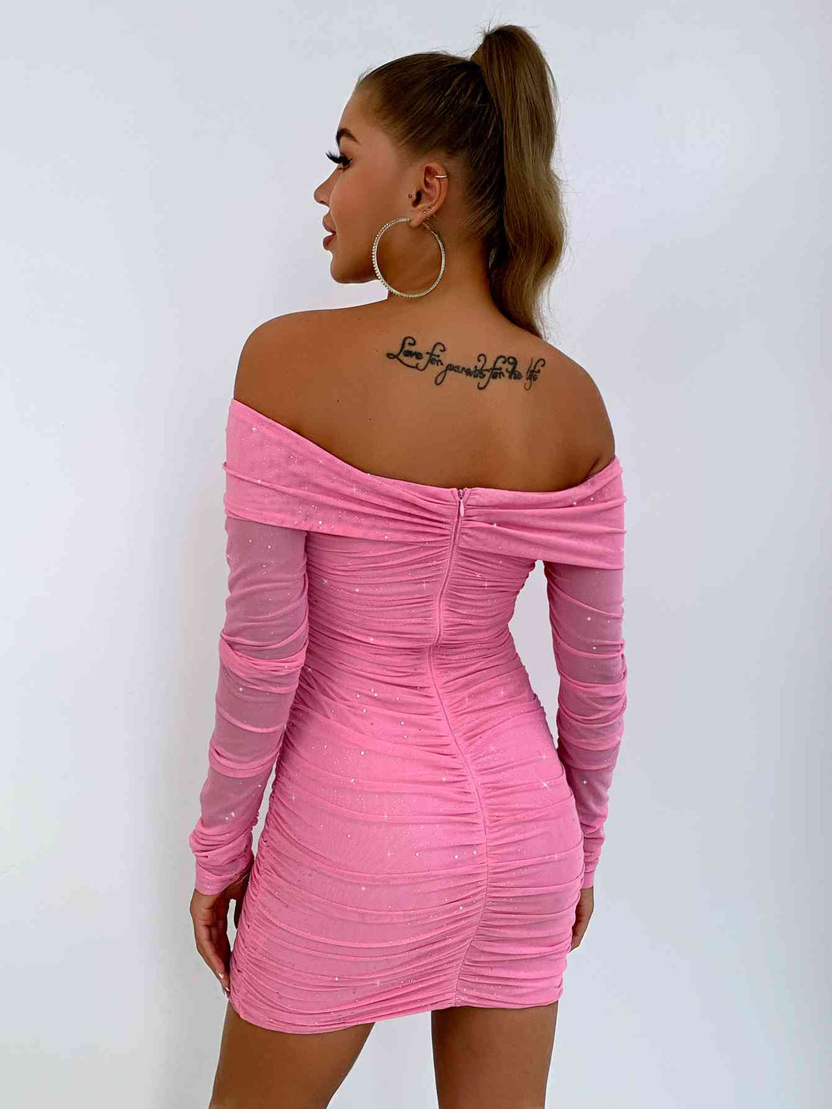 Glitter Ruched Off-Shoulder Long Sleeve Bodycon Dress - Ladyez