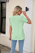 Eyelet Flounce Sleeve Scalloped V-Neck Top - Ladyez