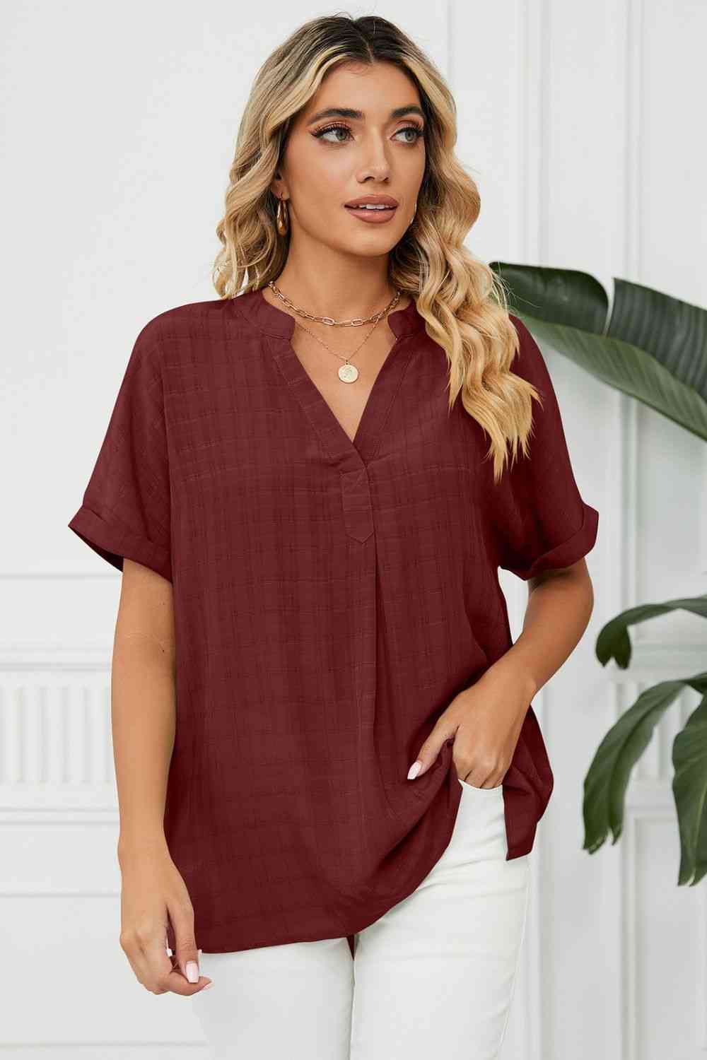 Side Slit Notched Neck Cuffed Short Sleeve Blouse - Ladyez