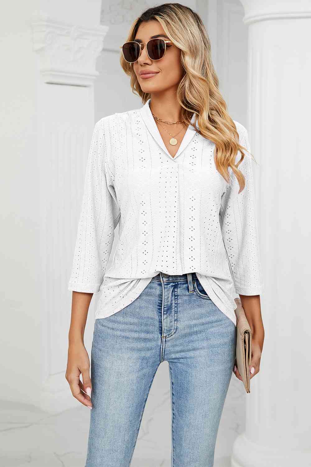 Eyelet Three-Quarter Sleeve Blouse - Ladyez