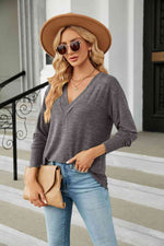 V-Neck Long Sleeve T-Shirt - Ladyez