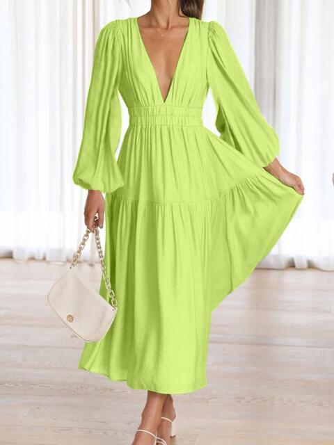 Deep V-Neck Balloon Sleeve Plain Maxi Dress - Ladyez