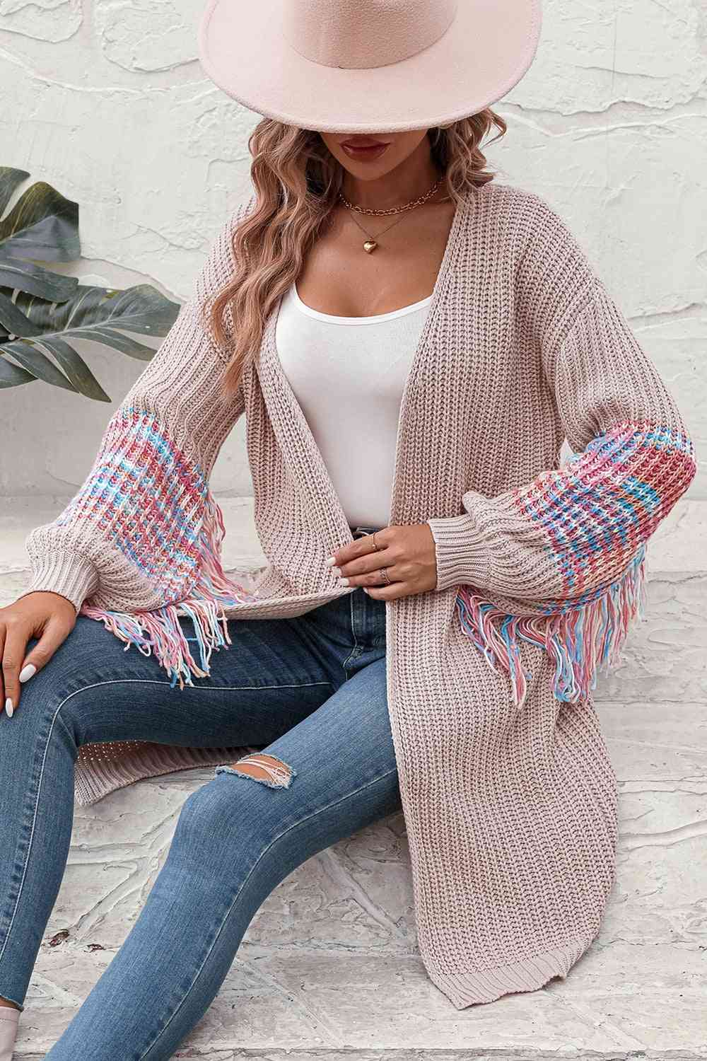 Fringe Sleeve Dropped Shoulder Cardigan - Ladyez