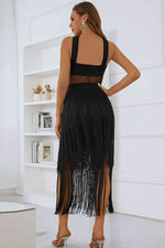 Spliced Mesh Fringe Hem Sleeveless Dress - Ladyez
