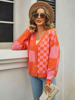 Plaid V-Neck Dropped Shoulder Cardigan - Ladyez