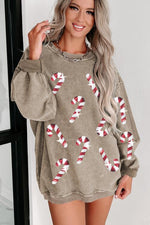 Sequin Candy Cane Round Neck Sweatshirt - Ladyez