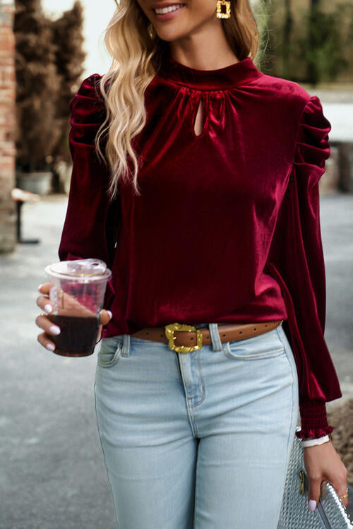 Tie Up Mock Neck Velvet Fabric Long Sleeve Blouse - Ladyez