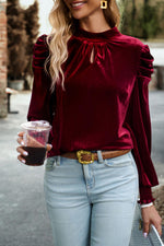 Tie Up Mock Neck Velvet Fabric Long Sleeve Blouse - Ladyez