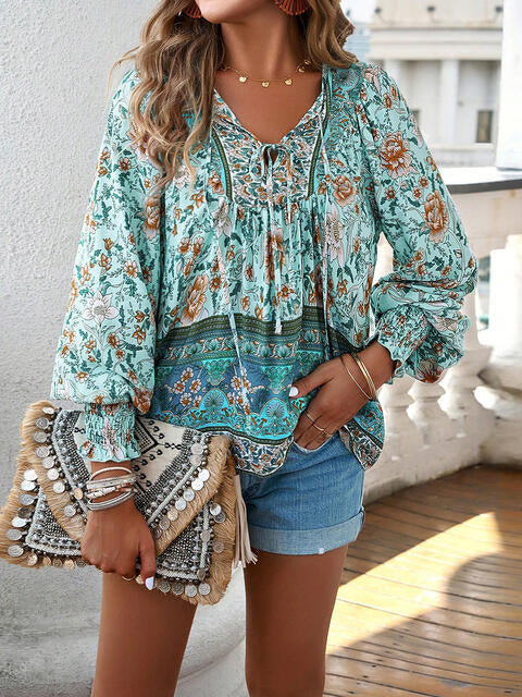Bohemian Tie Neck Lantern Sleeve Blouse - Ladyez