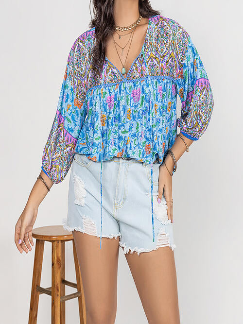 Plus Size Printed Tie Neck Balloon Sleeve Blouse - Ladyez