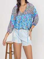 Plus Size Printed Tie Neck Balloon Sleeve Blouse - Ladyez
