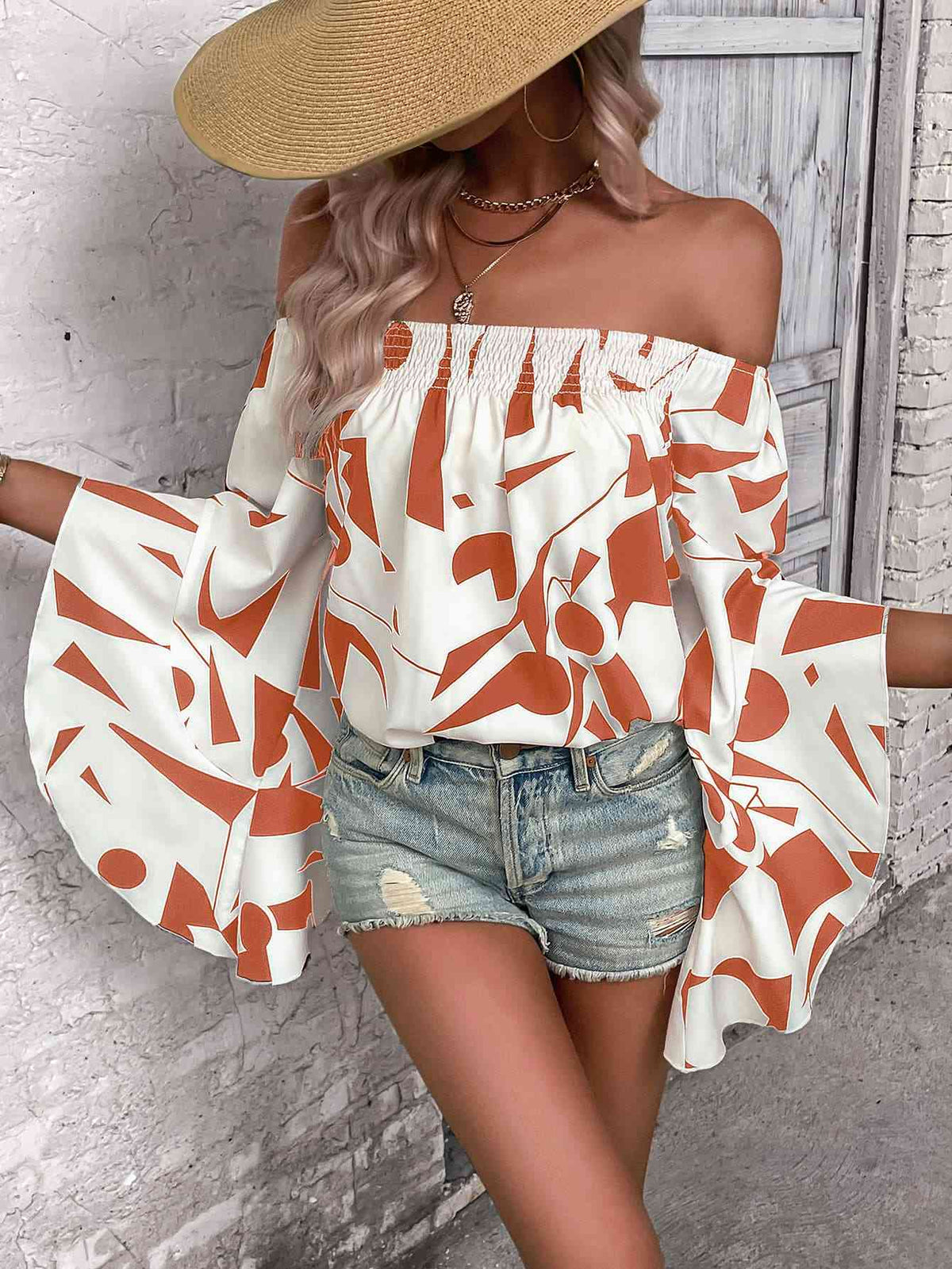 Printed Off-Shoulder Bell Sleeve Blouse - Ladyez