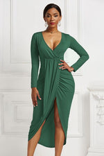 High-low Ruched Surplice Long Sleeve Dress - Ladyez