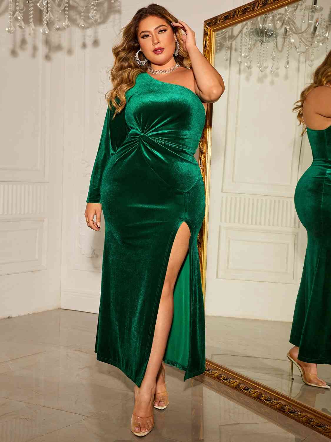 Plus Size One-Shoulder Twisted Split Dress - Ladyez