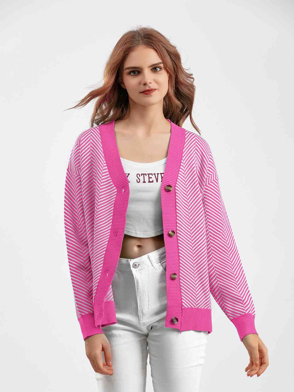 Button Down V-Neck Cardigan - Ladyez