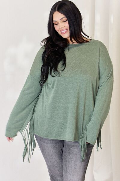 Celeste Full Size Fringe Detail Long Sleeve Top - Ladyez