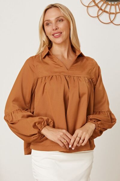 Balloon Sleeve Collared Neck Blouse - Ladyez