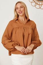 Balloon Sleeve Collared Neck Blouse - Ladyez