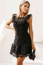 Round Neck Cap Sleeve Lace Mini Dress - Ladyez