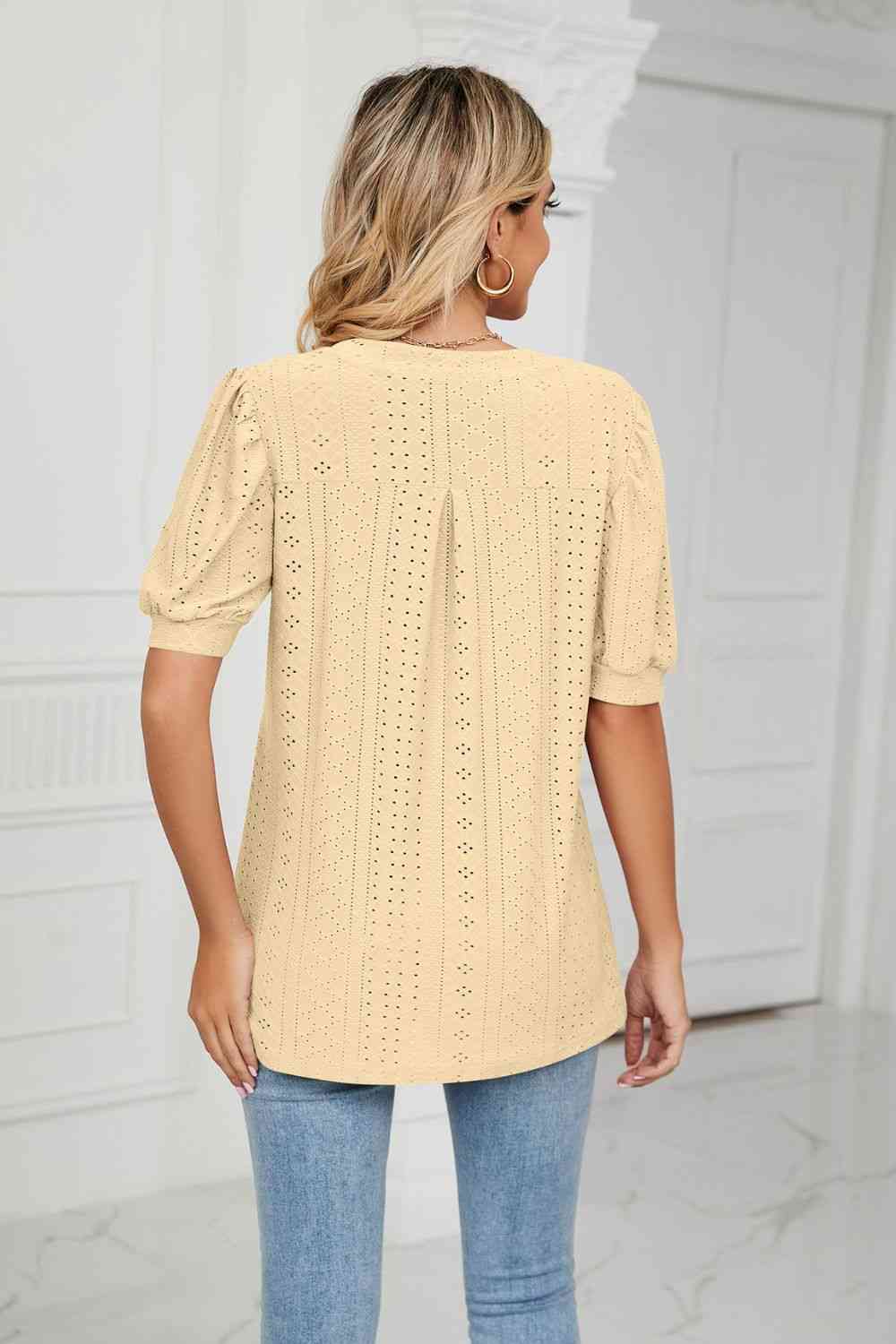 Eyelet Short Puff Sleeve Notched Neck Top - Ladyez