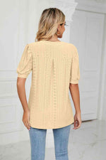 Eyelet Short Puff Sleeve Notched Neck Top - Ladyez