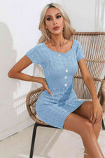 Decorative Button Round Neck Short Sleeve Sweater Dress - Ladyez