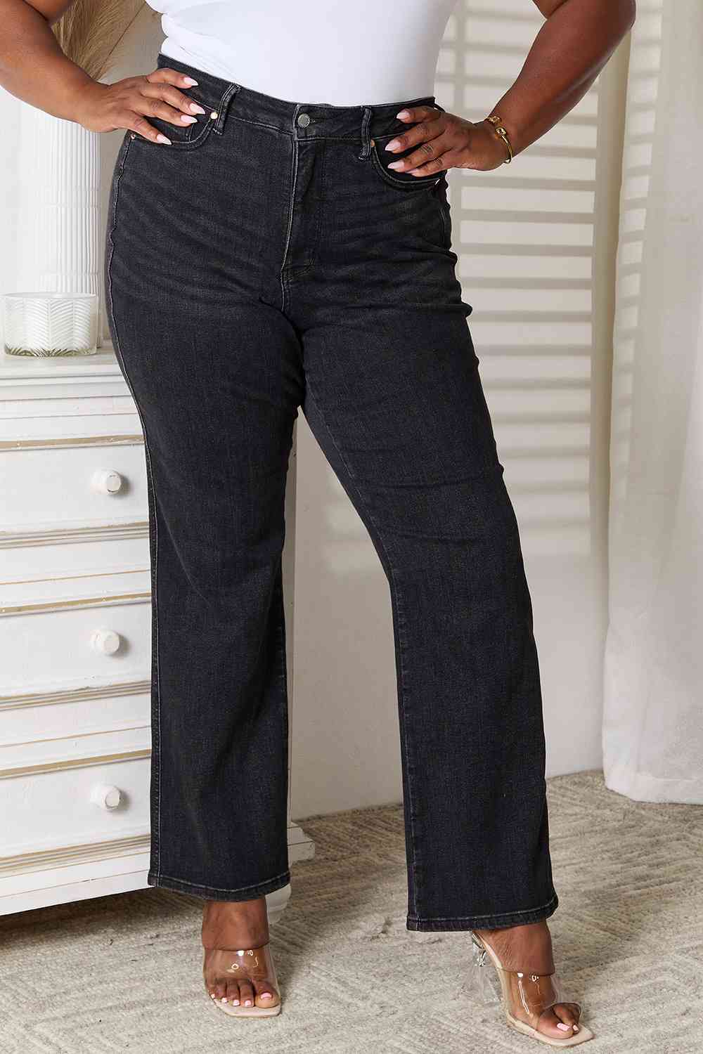 Judy Blue Tummy Control Washed Black Straight - Ladyez