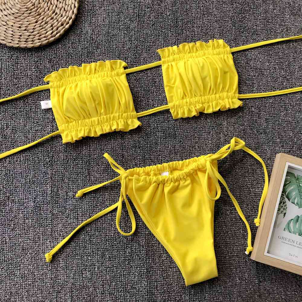 Frill Trim Ruched Bikini Set - Ladyez