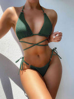 Textured Halter Neck Tie Side Bikini Set - Ladyez