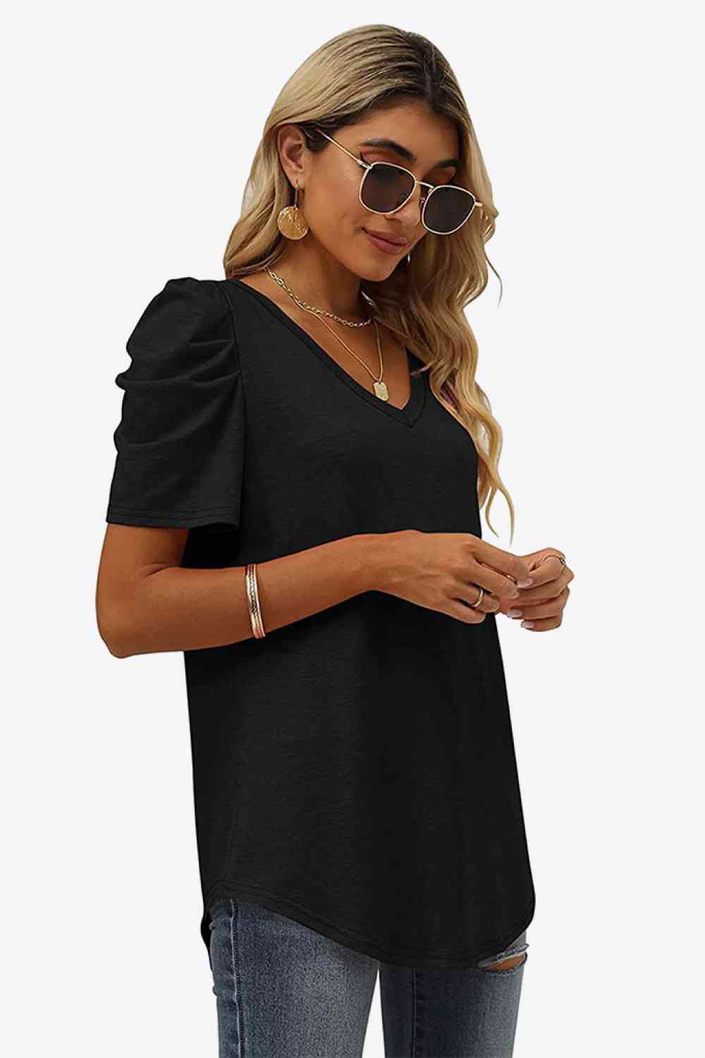 V-Neck Puff Sleeve Tee - Ladyez