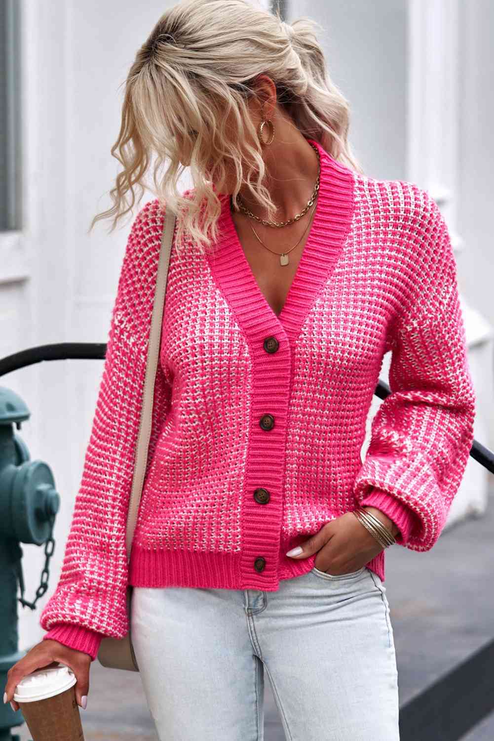 Woven Right Waffle-Knit Drop Shoulder Button-Down Cardigan - Ladyez