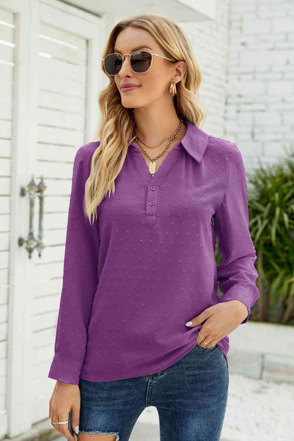 Swiss Dot Johnny Collar Blouse - Ladyez