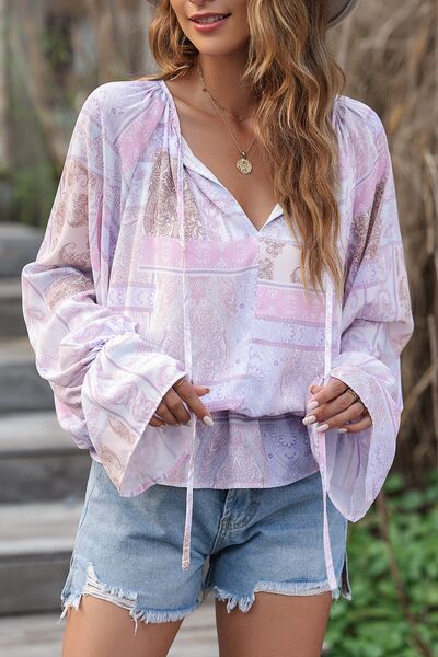 Printed Tie Neck Flounce Sleeve Blouse - Ladyez