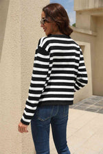 Striped Round Neck Button-Down Dropped Shoulder Cardigan - Ladyez