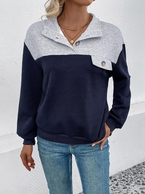 Textured Contrast Half Button Sweatshirt - Ladyez